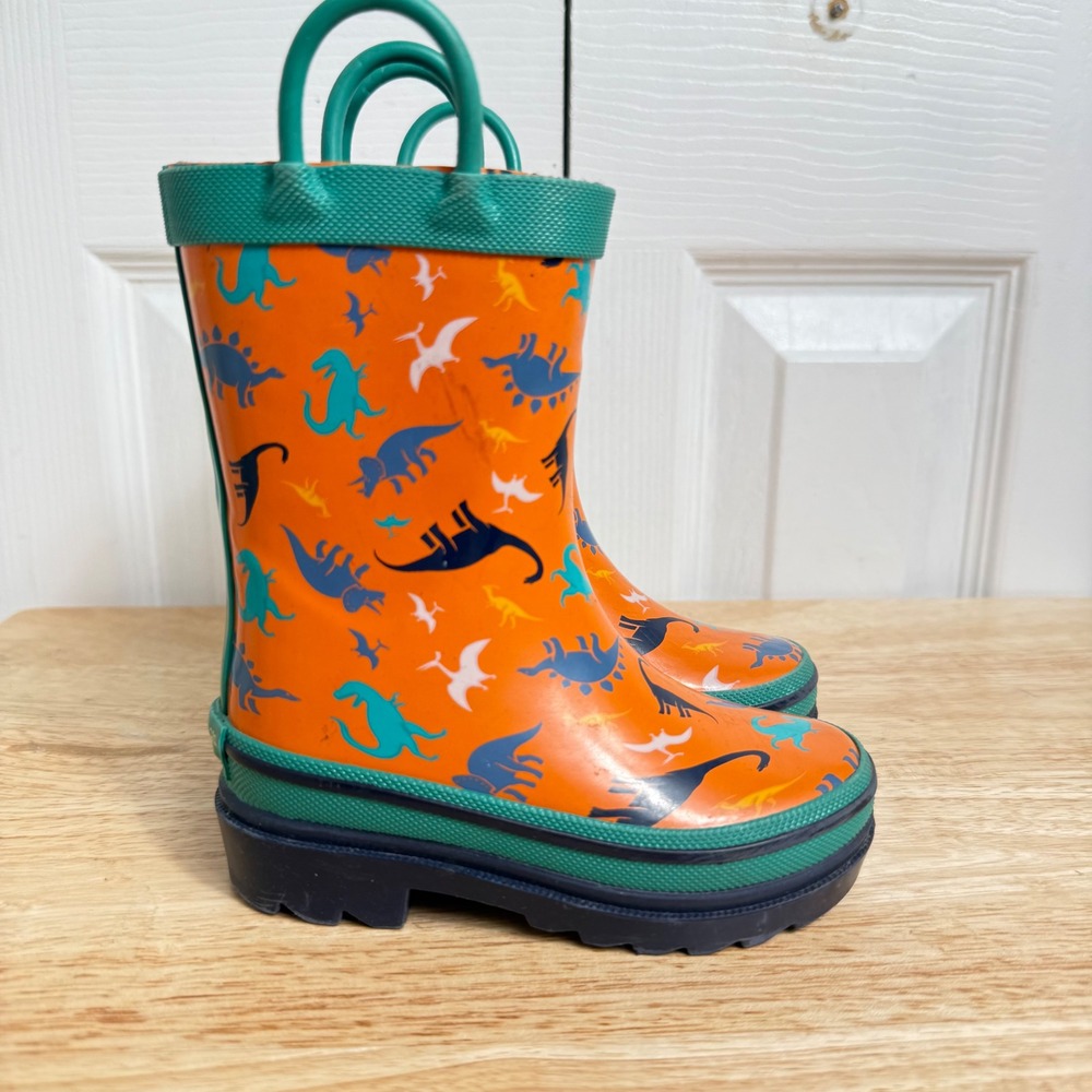 Lily & Dan Dinosaur Rain Boots Size 5/6 Orange Green Blue Puddle Jumper Style